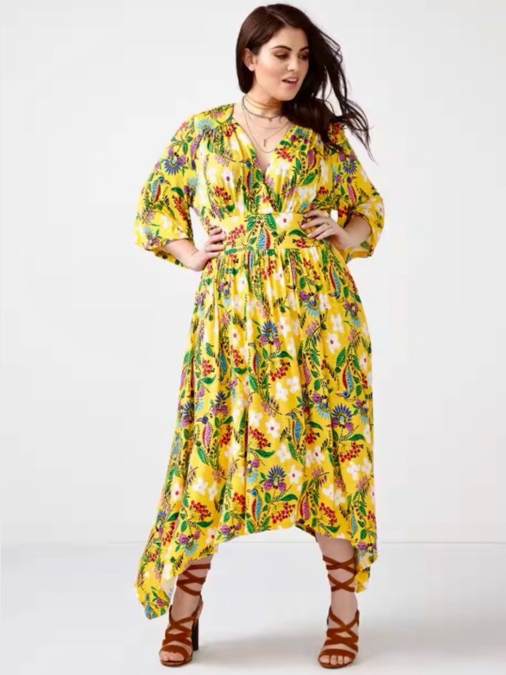 Melissa McCarthy Seven7 Yellow FLoral Jersey Dress Size 2X Boho Flowy Summer